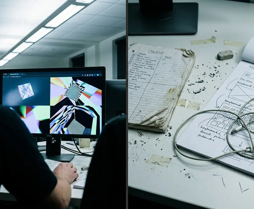 Portfolio spread on creative desk showing a glare-heavy monitor displaying a WebGL shader test beside