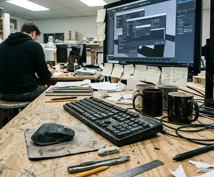 Design studio with creative tools scattered across a scuffed plywood work surface