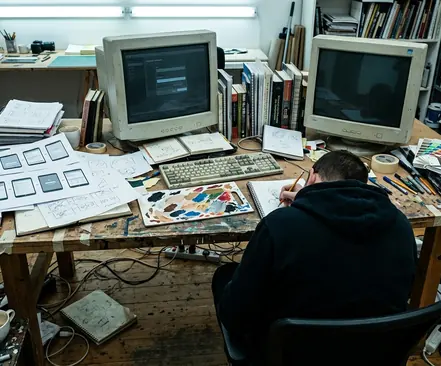 Art workspace with projects in progress, a cluttered studio desk holding printouts of interface sequences