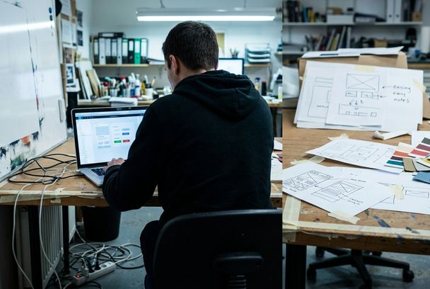 Art workspace with projects in progress, a laptop showing rough hover-state tests beside printed wireframes